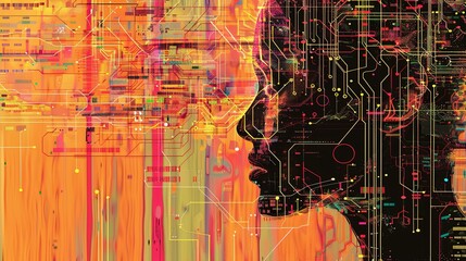 Wall Mural - Abstract artwork of human head silhouette with circuit board design