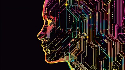 Wall Mural - Abstract artwork of human head silhouette with circuit board design