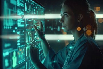 Poster - A woman is looking at a computer screen with a lot of numbers and graphs