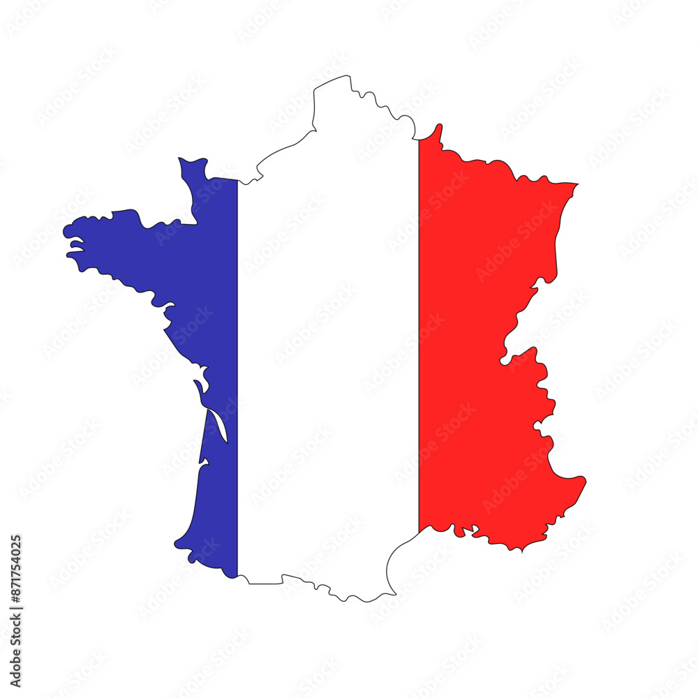 Hand drawn map of France with national French flag. Silhouette, Europe geography. Vector isolated on white background. 	