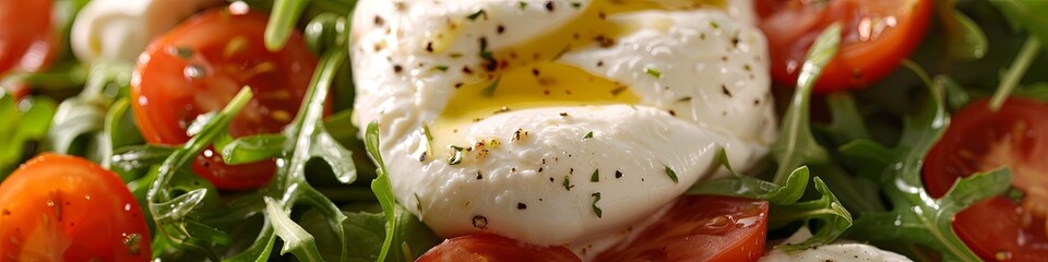 Wall Mural - Salads with traditional Italian burrata and mozzarella cheese with arugula and tomatoes. 