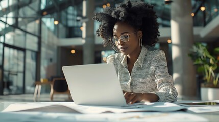 A professional Black female architect reviewing blueprints on a laptop and seated on an office floor