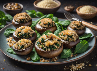 Wall Mural - A plate of stuffed mushrooms with quinoa, spinach, and Parmesan cheese.