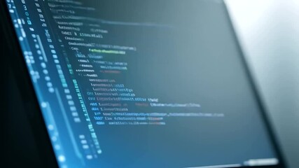 A close-up shot of a laptop screen displaying lines of code, with fingers moving swiftly across the keyboard