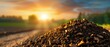 © TPS Studio - Sunset Over Freshly Plowed Field with Pile of Soil in Foreground, Rural Landscape