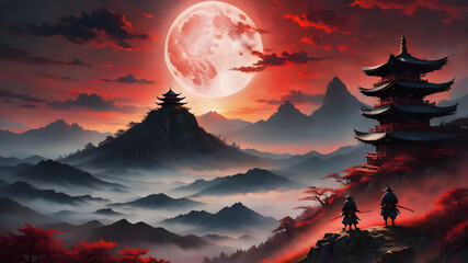 Samurai on a hill, blood moon, sunset clouds, Moon rays, godlight Ethereal vision, Generative AI