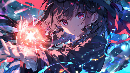 Poster - magic anime girl playing magic aura, colorful background