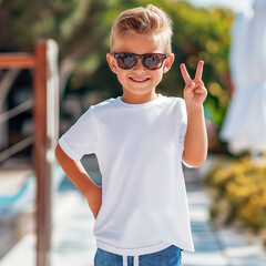 Kid boy model, peace sign hands, in short sleeve crewneck white tee, front view. Kids tshirt mockup. Children's blank shirt template mock up. Summer lifestyle, outdoors, park, playground, backyard