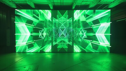 Wall Mural - Abstract Green Light Installation - A large abstract installation with a bright green light display. The futuristic geometric design is illuminated in a dark room. - A large abstract installation with