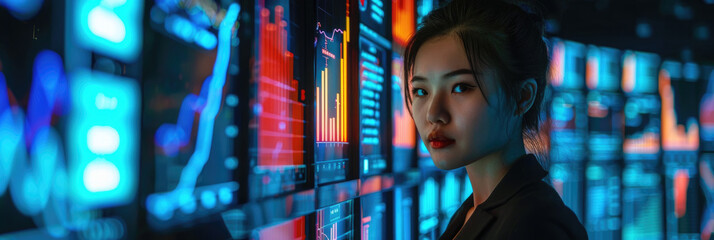 Wall Mural - A woman stands before a wall of multiple screens displaying graphs and charts, analyzing data