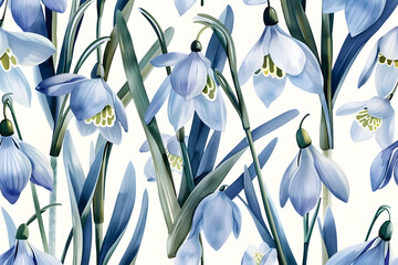 Wall Mural - Watercolor snowdrop spring floral seamless design