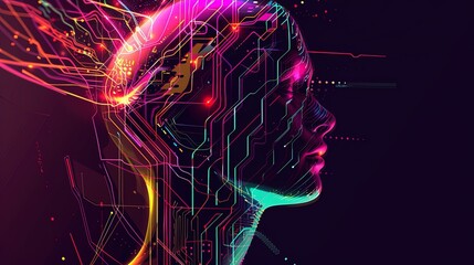 Wall Mural - Abstract artwork of human head silhouette with circuit board design