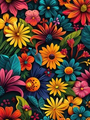 Wall Mural - Colorful Flowers on Black Background