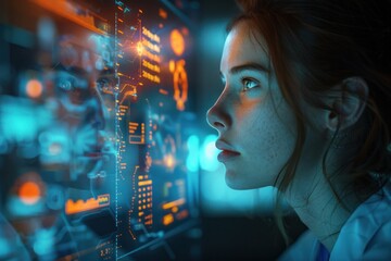 Wall Mural - A woman is looking at a computer screen with a lot of numbers and graphs