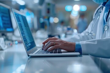 Wall Mural - A doctor is typing on a laptop computer in a hospital setting