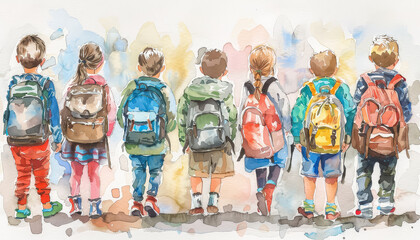 Wall Mural - A group of children are walking together, each carrying a backpack