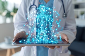 Wall Mural - A doctor is holding a tablet with a skeleton on it