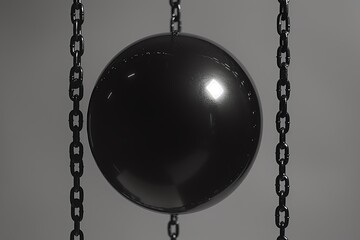 A black balloon is securely fastened by a network of thin chains