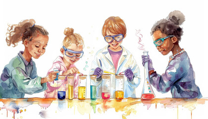 Wall Mural - A group of children are wearing lab coats and goggles