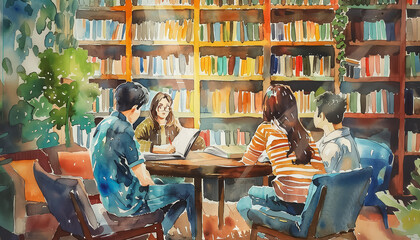 Wall Mural - A group of people are sitting on couches in a library, reading books