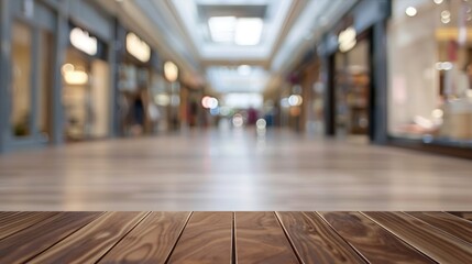 Wall Mural - Empty wooden table top for product display, presentation stage. Blurred shopping center or mall in the background.