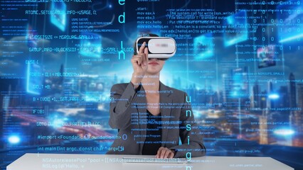 IT developer typing computer code for analyzing intelligent website development coder system data selection by VR innovation interface digital network technology visual hologram server. Contraption.
