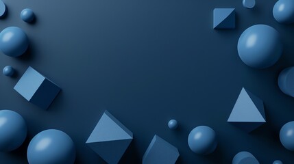 Canvas Print - blue 3d geometric shapes on a blue background, with copy space in the center.