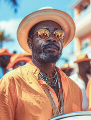 Wall Mural - A focused male drummer in orange attire, performing passionately at a street carnival with a tropical backdrop..