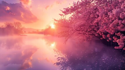 Sticker - A beautiful sunrise over a lake with cherry blossoms in bloom.