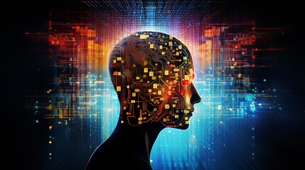 Wall Mural - Abstract artwork of human head silhouette with circuit board design