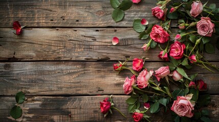 Poster - Romantic rose arrangement on rustic wood background