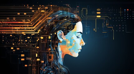 Wall Mural - Abstract artwork of human head silhouette with circuit board design