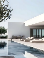 Wall Mural - A luxurious poolside retreat, with the blank mockup of the minimalist villa complementing the elegant ambiance.