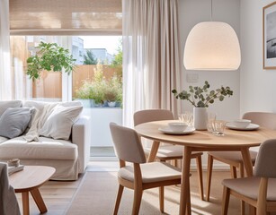 mock up of a frame in a contemporary, minimalist room with all white furnishings, including a wooden table and seating in the dining area