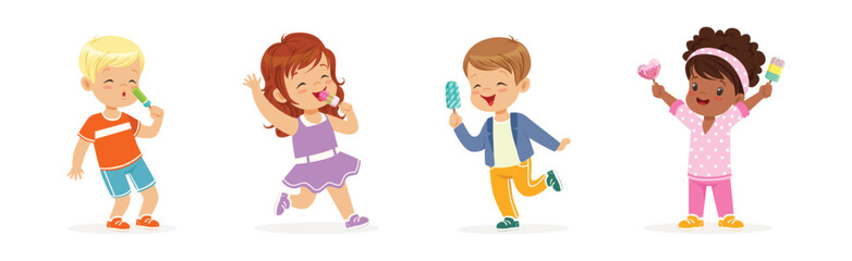 Sticker - Cute Kid Character Eat Ice Cream Tasty Dessert Vector Set