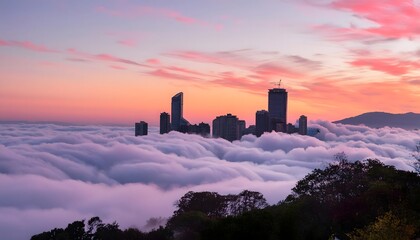 Wall Mural - beautiful city skyline emerging sea clouds sunrise sunset sky painted soft pastel hues pink purple
