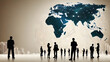 © Koca - International business partnership. Business people standing silhouette on world map background, Global business concept. Global business concept, generative ai.