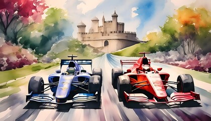 watercolor depiction two formula one race cars motion track castle background