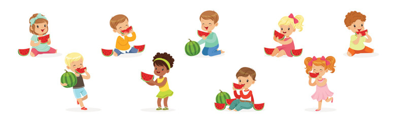 Poster - Cute Kid Character Eat Ripe Juicy Watermelon Fruit Vector Set