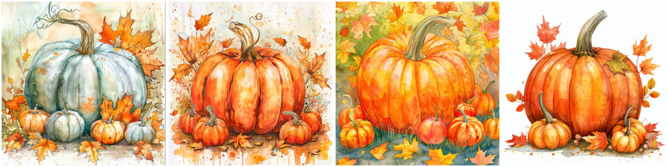 Wall Mural - Four paintings of pumpkins with leaves in the background