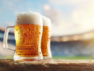 Frothytopped beer mugs on a table with an empty sports stadium in the background focus on, leisure theme, realistic, blend mode, blue sky