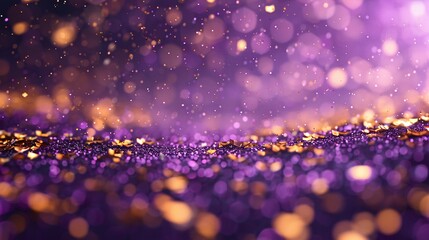 Sticker - golden confetti gently falling in a purple glow, creating a sophisticated and festive mood with soft lighting highlighting the glittering particles.