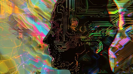 Wall Mural - Abstract artwork of human head silhouette with circuit board design