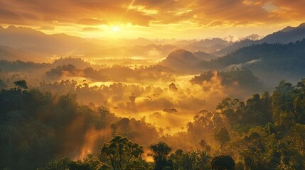 Wall Mural - the morning sunrise casting a golden glow over a mist-shrouded mountain range and tranquil forest, evoking a sense of peace and renewal.