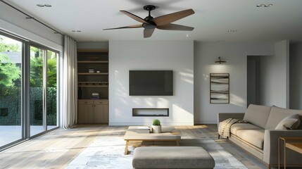 modern ceiling fan with lights in a newly painted living room