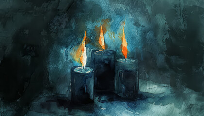 Wall Mural - A painting of three candles in a blue background