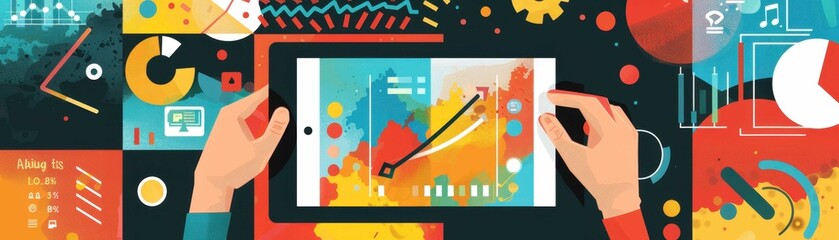 Colorful flat design illustration depicting hands using digital tablet with charts and graphs, showcasing data analysis and business growth.