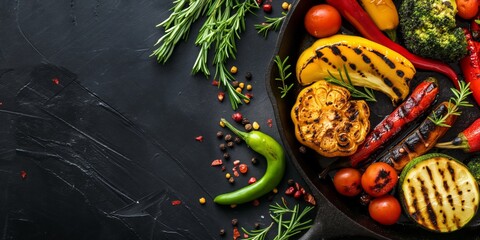 Poster - A pan of vegetables including peppers, broccoli, and tomatoes. The vegetables are on a black background