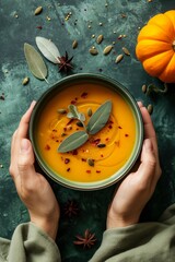 Poster - A bowl of soup with a green bowl and a hand holding it. The soup has a lot of spices and a pumpkin on the table