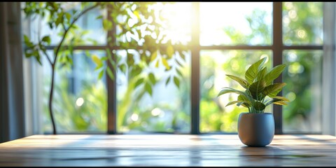 Wall Mural - A potted plant sits on a wooden table in front of a window. The sunlight streaming through the window illuminates the plant, creating a warm and inviting atmosphere. The plant is a small, green fern